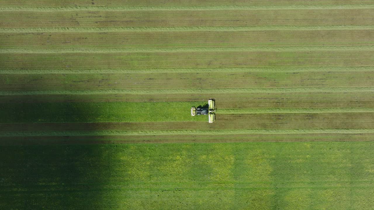 vista aérea de un tractor cortando un campo de hierba verde fresco, un agricultor en un tractor moderno preparando comida para animales de granja, un soleado día de verano, un amplio drone dolly de ojo de pájaro que se mueve a la izquierda