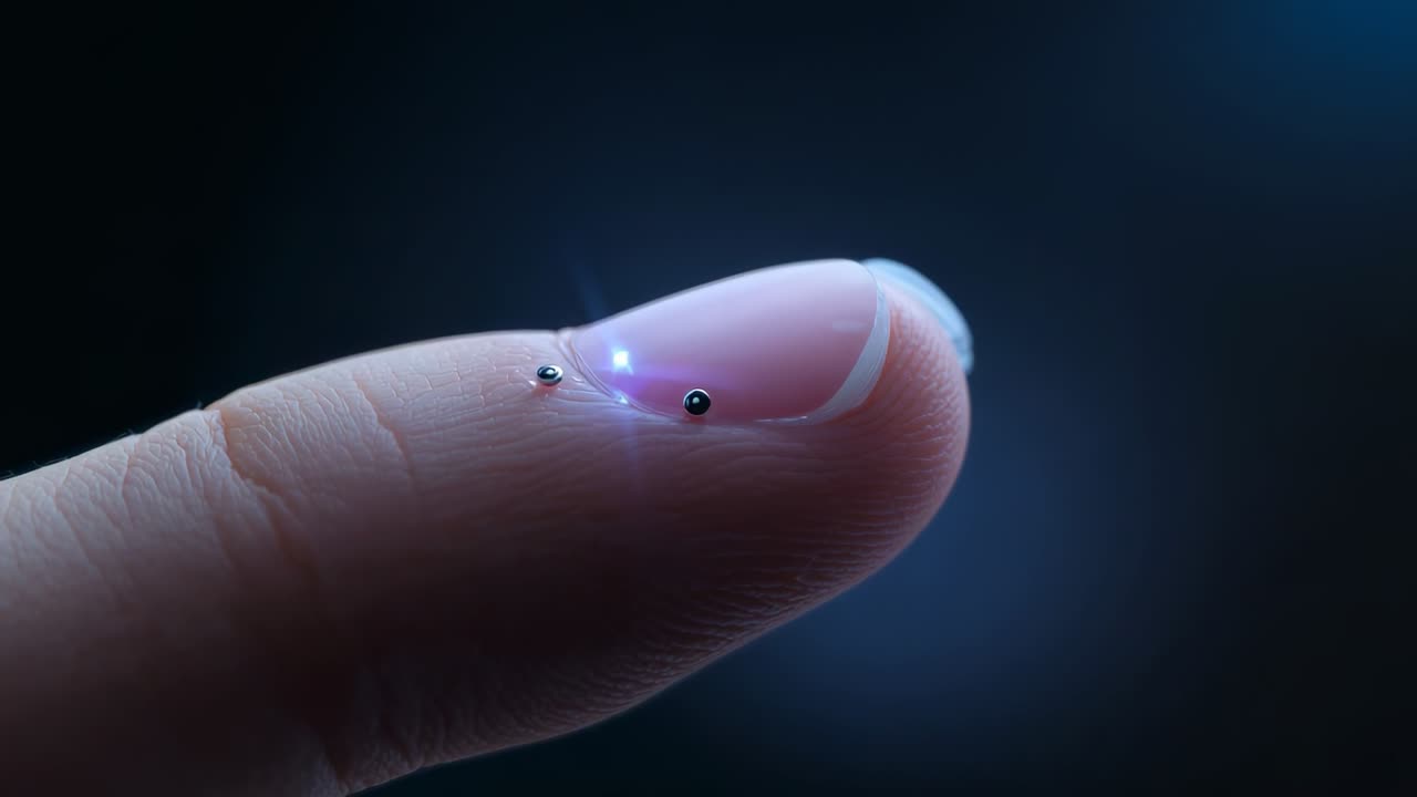 Micro LED pulsante che bagna la punta del dito in una luce bluastra, lo studio rivela perle, goccioline, la texture della pelle