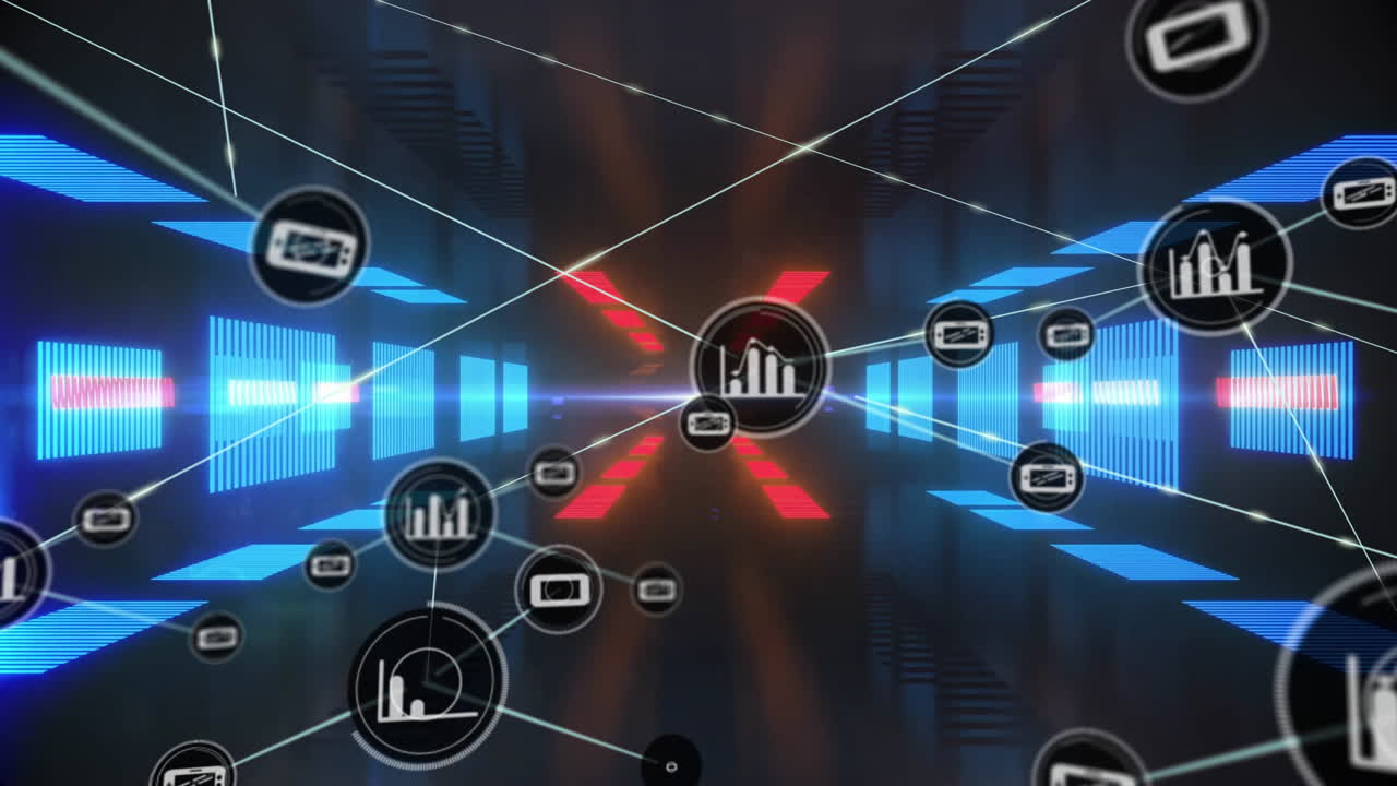 Data processing animation with charts and graphs over futuristic digital background