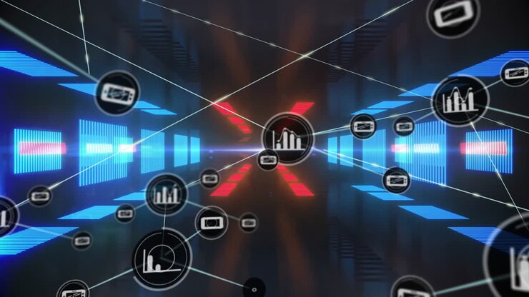Data processing animation with charts and graphs over futuristic digital background