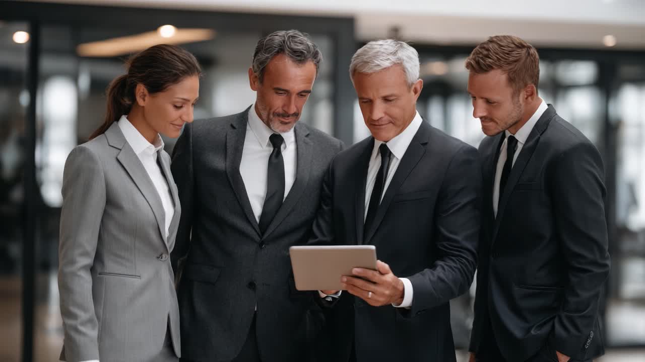 Professional Team Collaborating: Engaged Business People Review Reports on Tablet in Office Environment, Showcasing Teamwork and Effective Communication