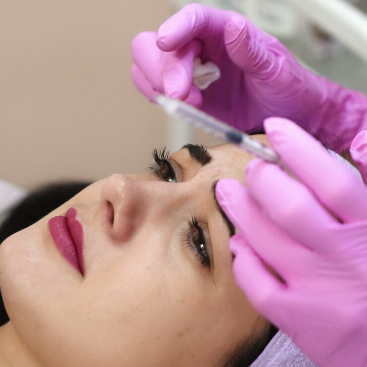 The doctor cosmetologist makes the Botulinum Toxin injection. Procedure for tightening and smoothing wrinkles. Rejuvenating facial injections.