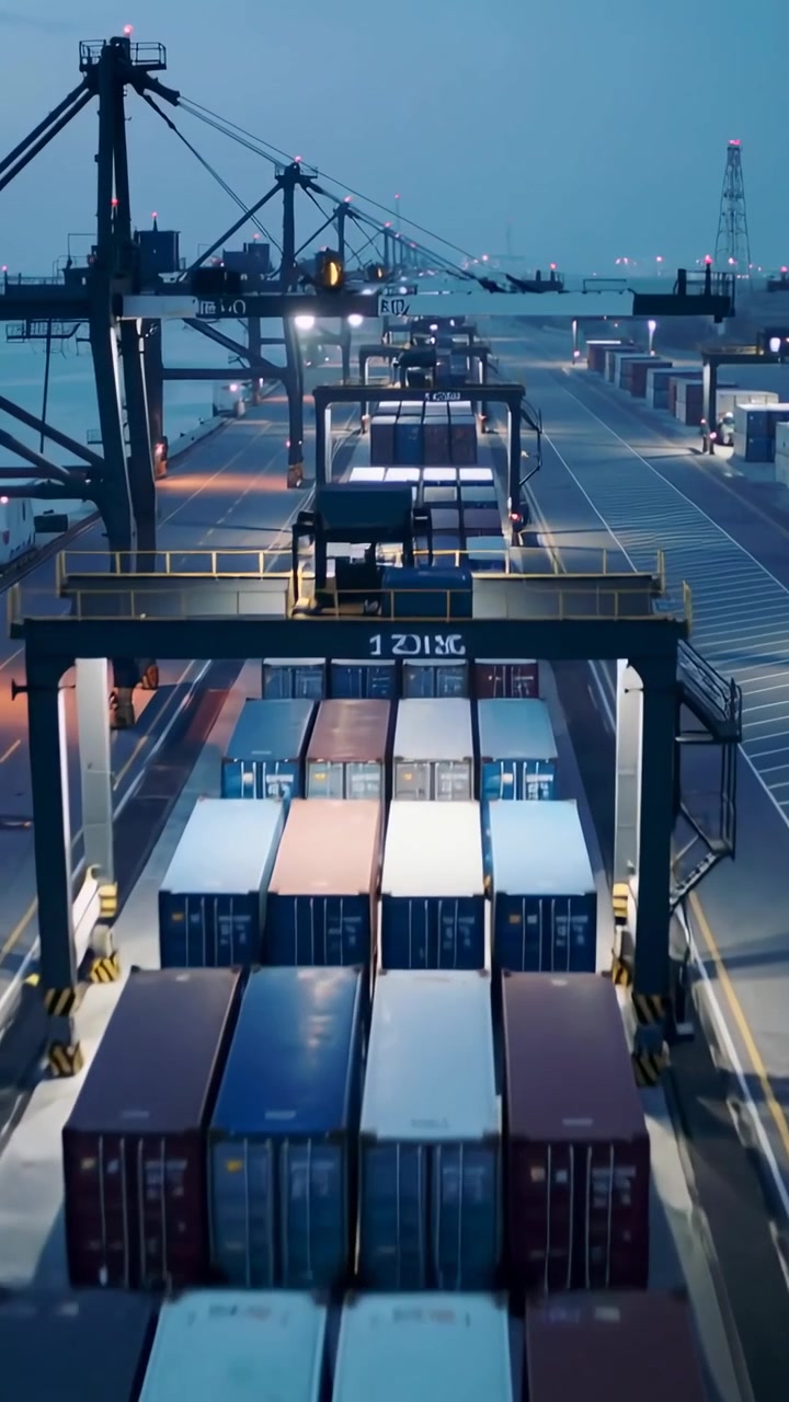 Vertical video: Approaching aerial showing gantry moving along quay aligning containers, blue truck