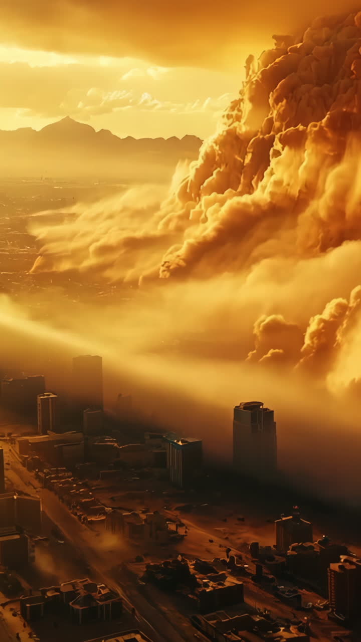 A city is shown in a post apocalyptic setting with a large cloud of dust and debris. The city is in ruins and the sky is filled with smoke