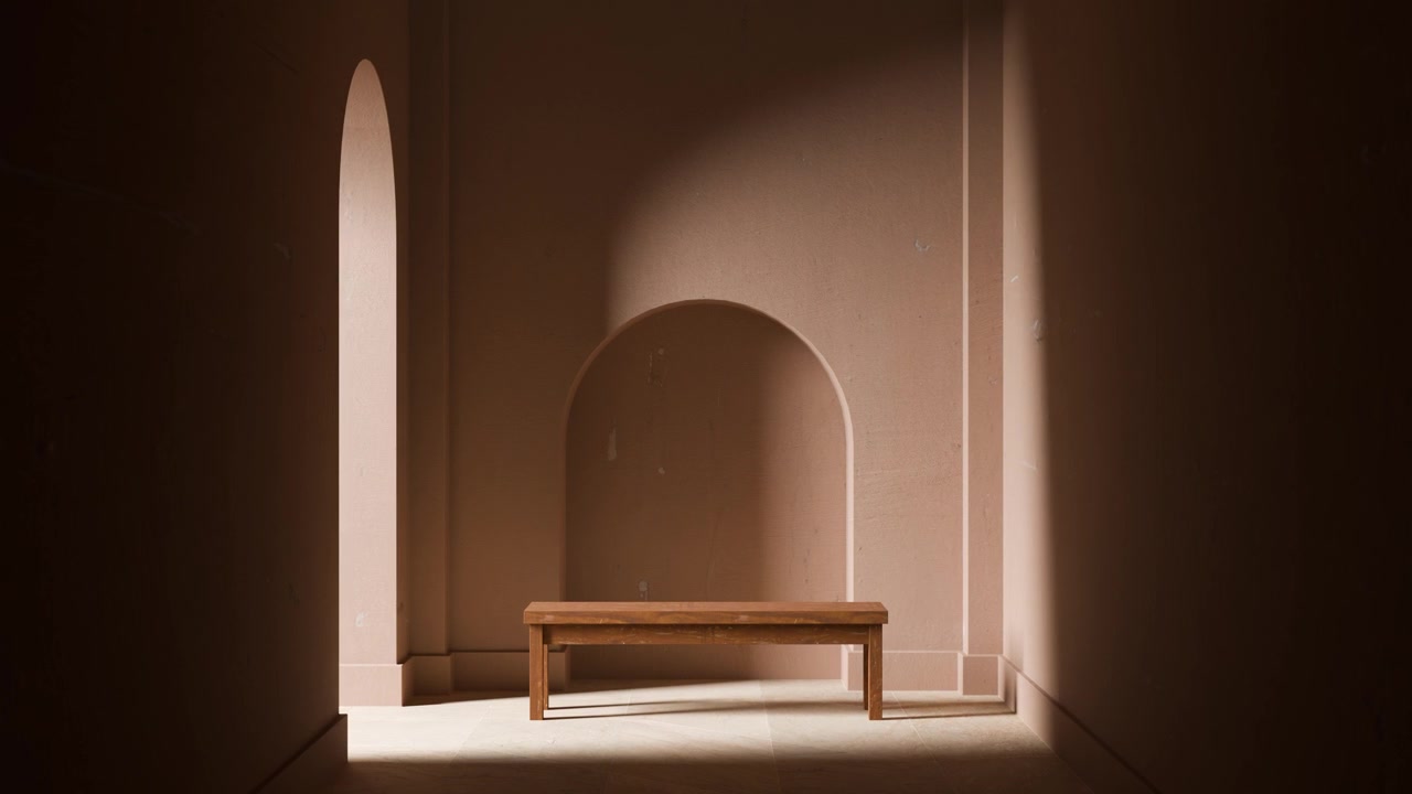 Panca in legno in una stanza minimalista con nicchia a muro ad arco
