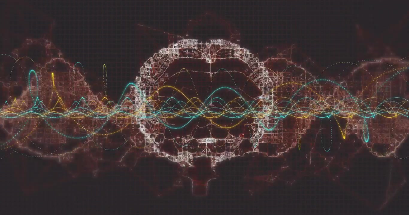 Upon synchronizing, sine waves spawning curves, connecting nodes, forming glowing brain, dissolving