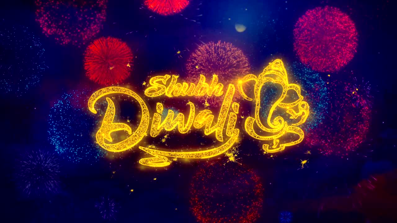 Shubh Diwal 2 Firework Text Greeting Text Sparkle Particles on Colored Fireworks