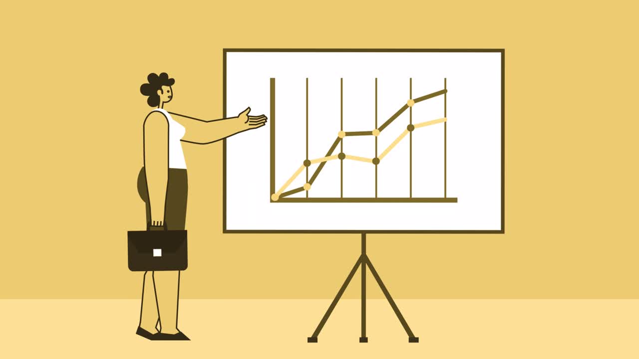Yellow Style Woman with Briefcase Flat Character Demonstrates Growth Chart on Graphboard. Isolated Loop Animation with Alpha Channel
