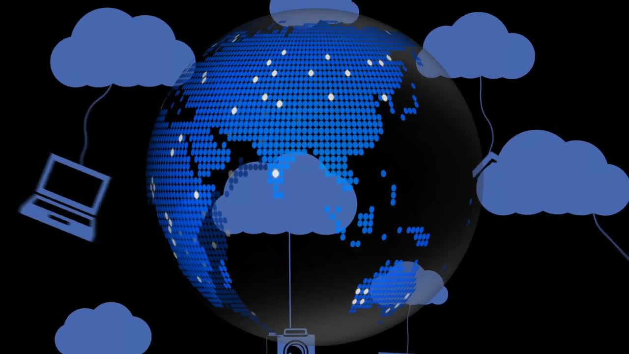 Animation of network of digital icons and clouds over globe on black background