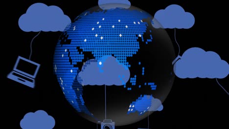 animation of network of digital icons and clouds over globe on black background