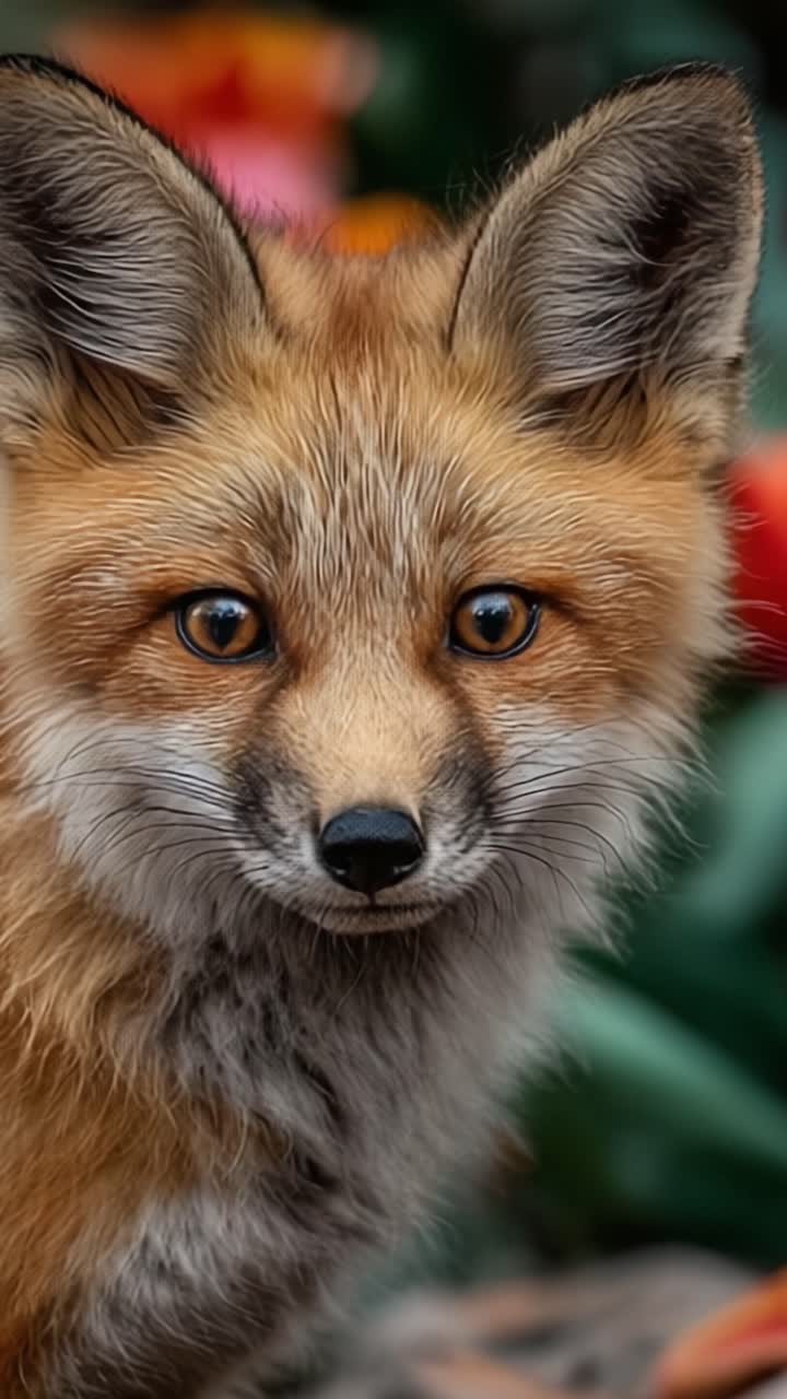Accattivante ritratto ravvicinato di una volpe che mostra la sua splendida pelliccia, gli occhi penetranti e l'espressione giocosa su uno sfondo vivido di fioriture colorate in natura.
