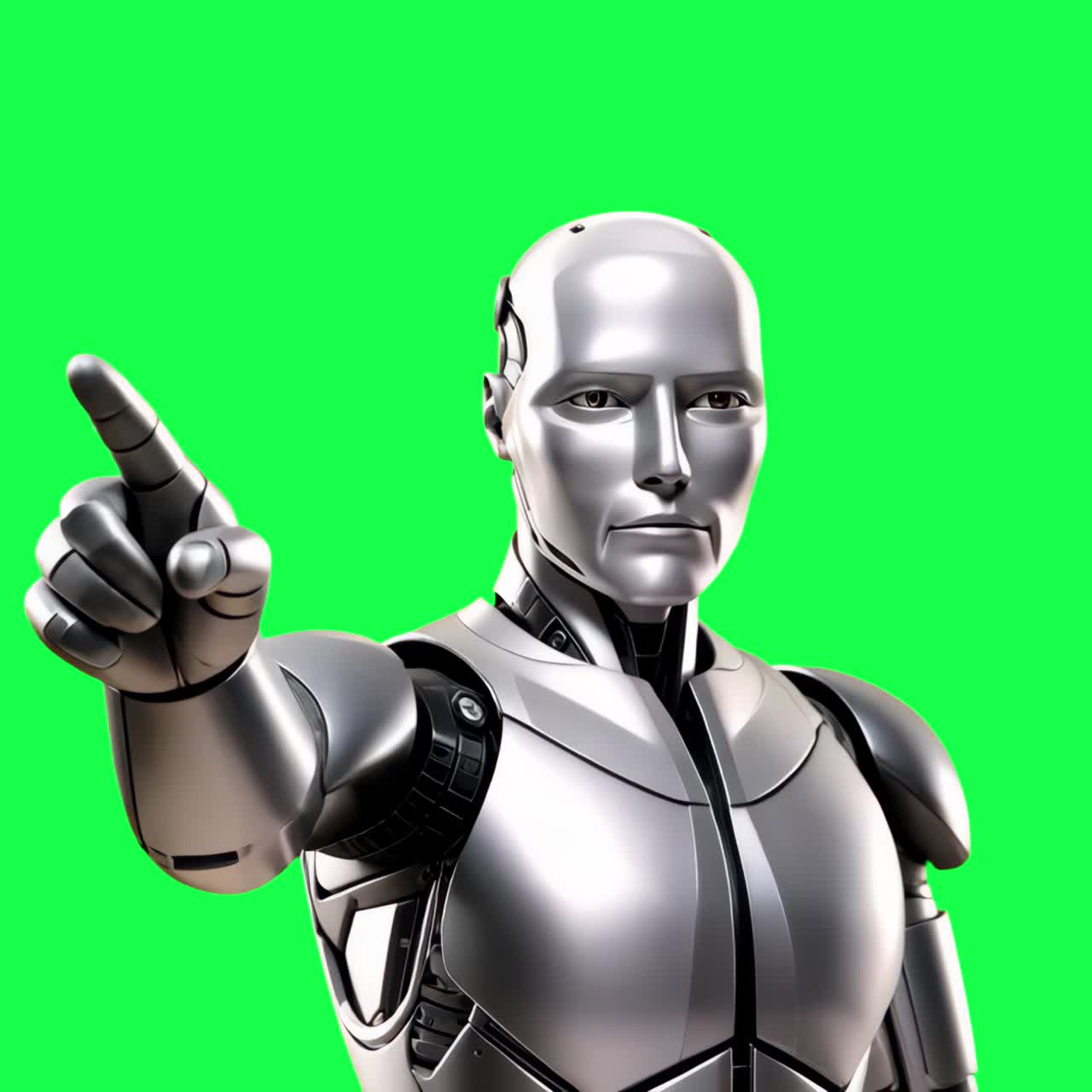 Futuristic robotic figure pointing animation, transparent 4K video, green screen