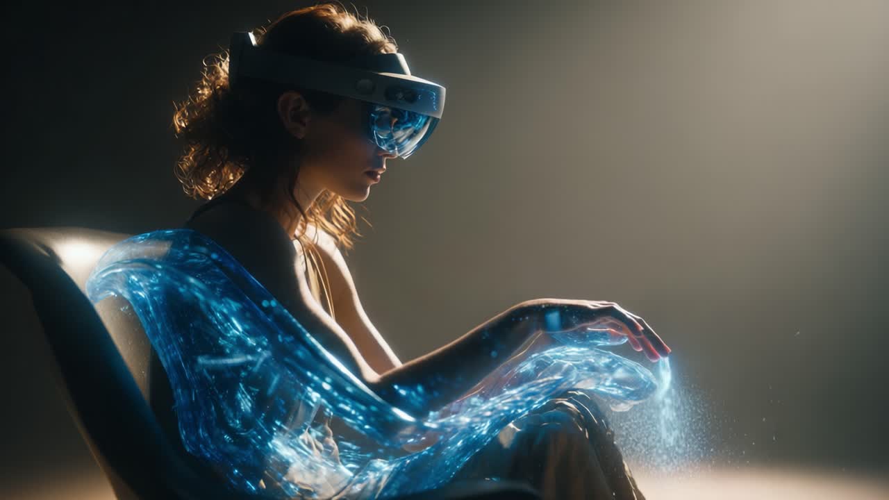 A Futuristic Glimpse into Virtual Reality: A Young Woman Engaged in an Immersive Digital Experience Wearing Advanced VR Headset with Ethereal Water-like Visual Effects Surrounding Her