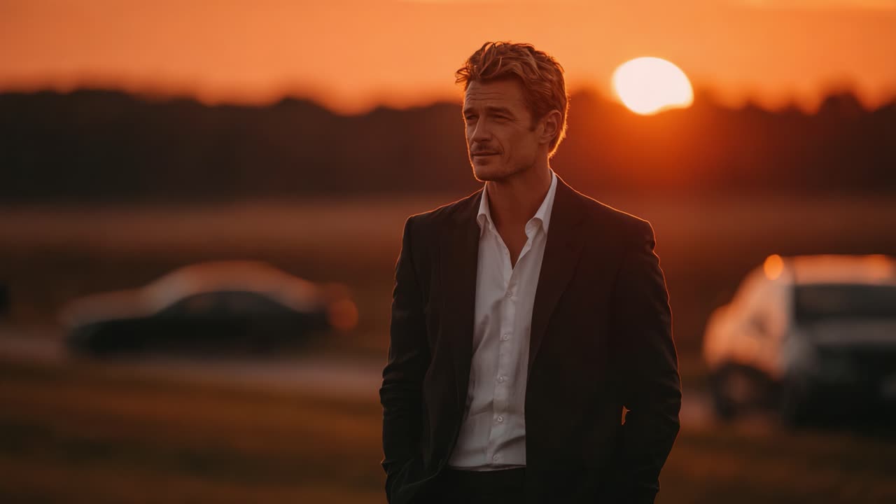 A contemplative figure stands against a vibrant sunset backdrop, capturing a moment of reflection amidst a tranquil evening scene marked by fading light and distant silhouettes