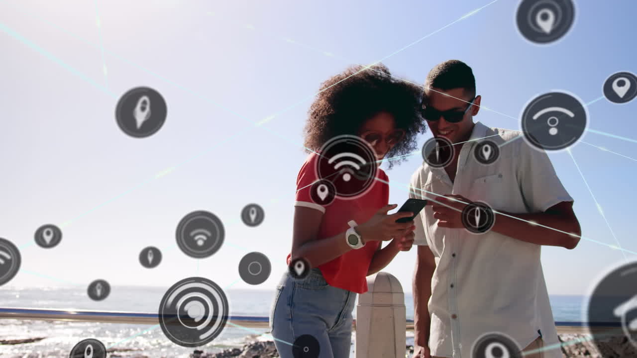 animación de una red de conexiones sobre una pareja feliz en la playa