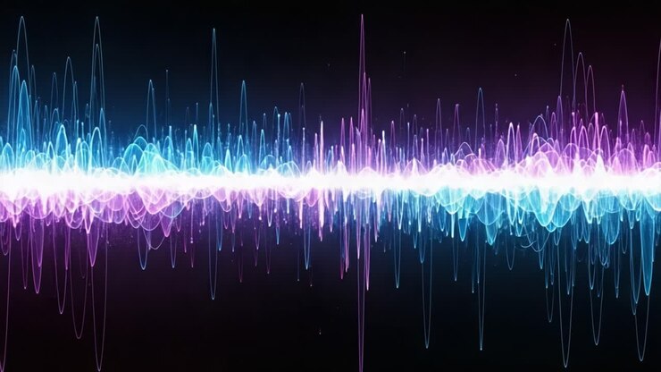 Dynamisk visualisering af lydbølger: En betagende fremvisning af levende lydfrekvenser i blå og lyserøde gradientpulseringer på en mørk baggrund.
