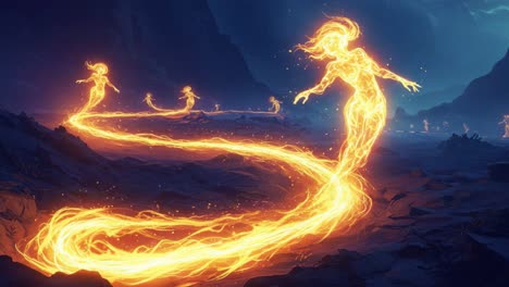 a mesmerizing display of ethereal fire spirits dancing through a mystical landscape, their luminous trails illuminating the dark terrain as they perform a captivating, enchanting ritual