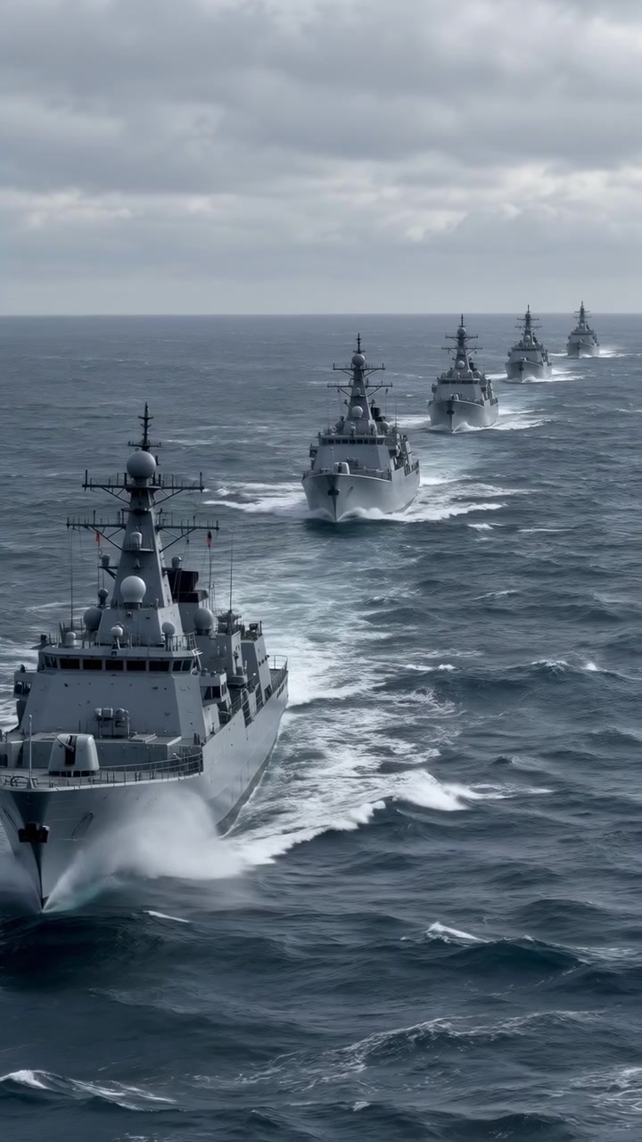 Diverse navi militari viaggiano in fila su acque agitate blu-grigie, le prue sollevano spruzzi mentre scie schiumose si estendono dietro di loro sotto nuvole stratificate in un'ampia vista marittima