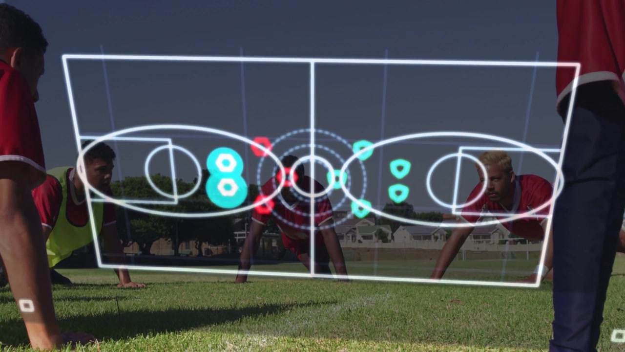 Team holding planks on grass, court diagram fading in, animated markers, pulsing rings for training