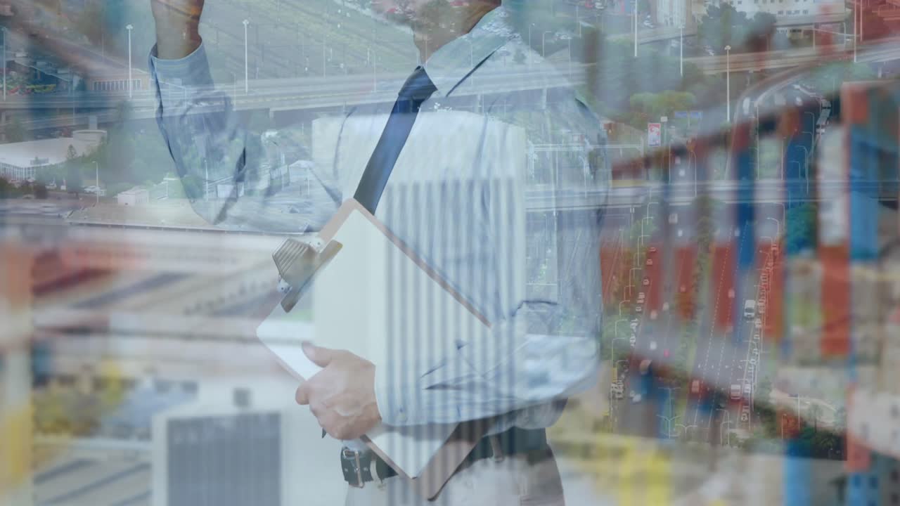 Animation of data processing over businessman counting stock in warehouse shipping centre