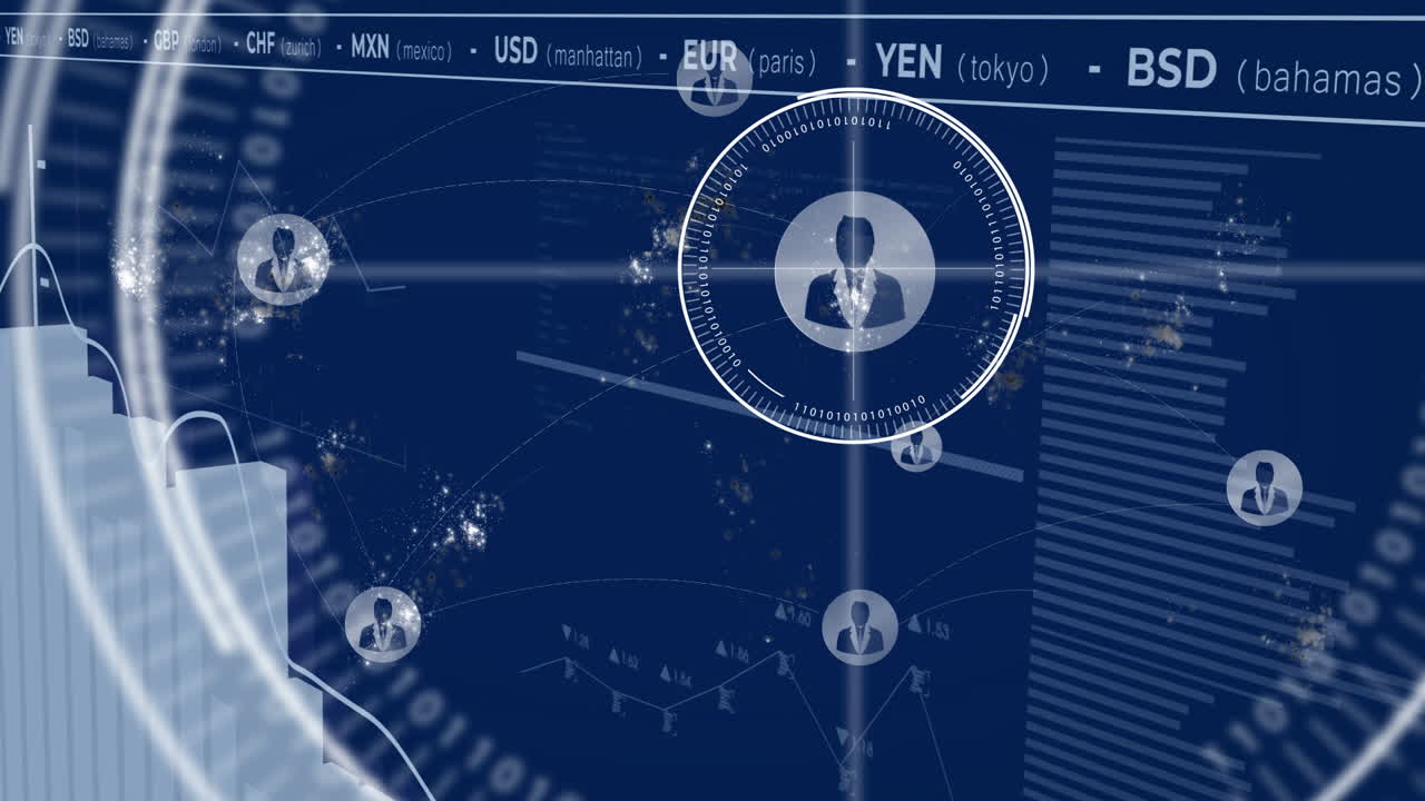 Global currency exchange rates and data processing animation over world map