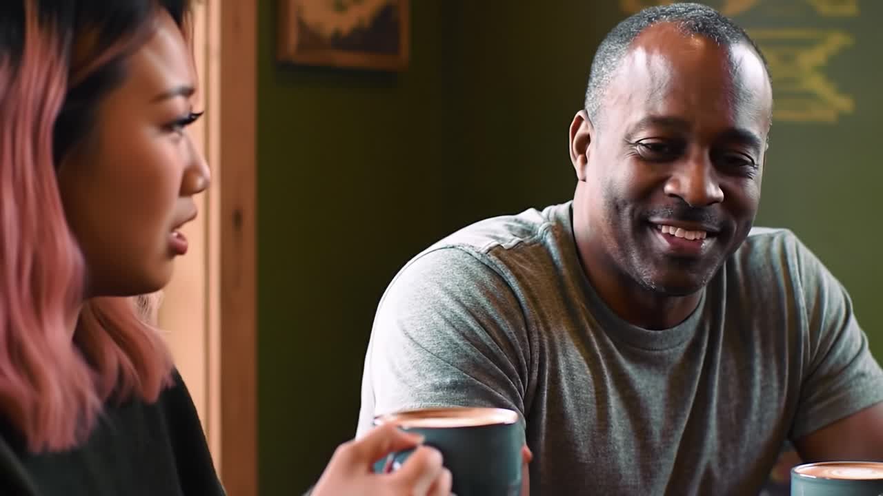 A Serene Moment of Connection: Two Friends Enjoying Warm Beverages in a Cozy Setting, Sharing Smiles and Laughter Over Coffee Conversations