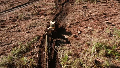 Skidder-pulling-large-pine-logs-through-muddy-path,-clearcutting-area,-logging-industry