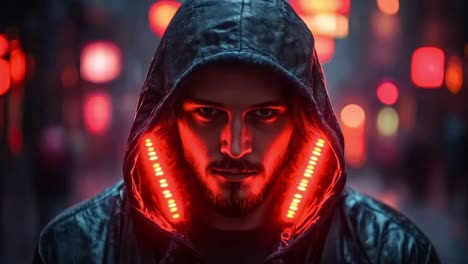 cyberpunk man in a city street with neon lights