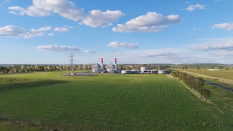 aerial view of power station and farmland