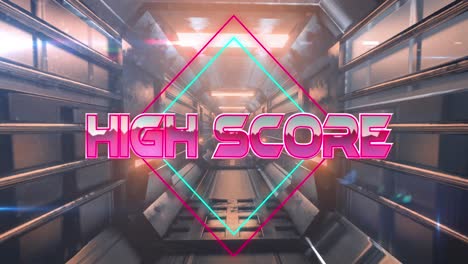 Animation-of-high-score-text-on-rhombuses-over-futuristic-tunnel-in-background