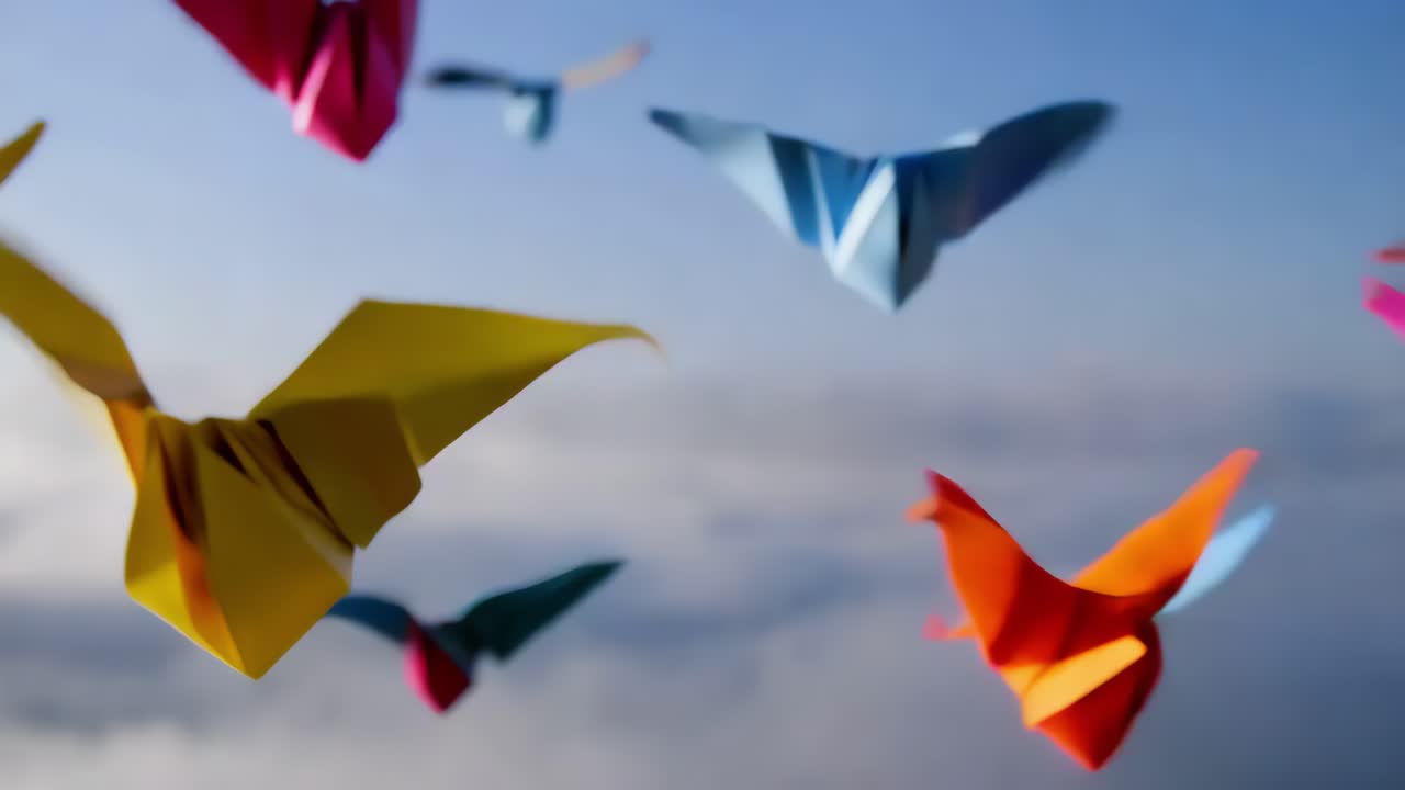 구름 을 가로질러 날아다니는 다채로운 오리가미 종이 비행기