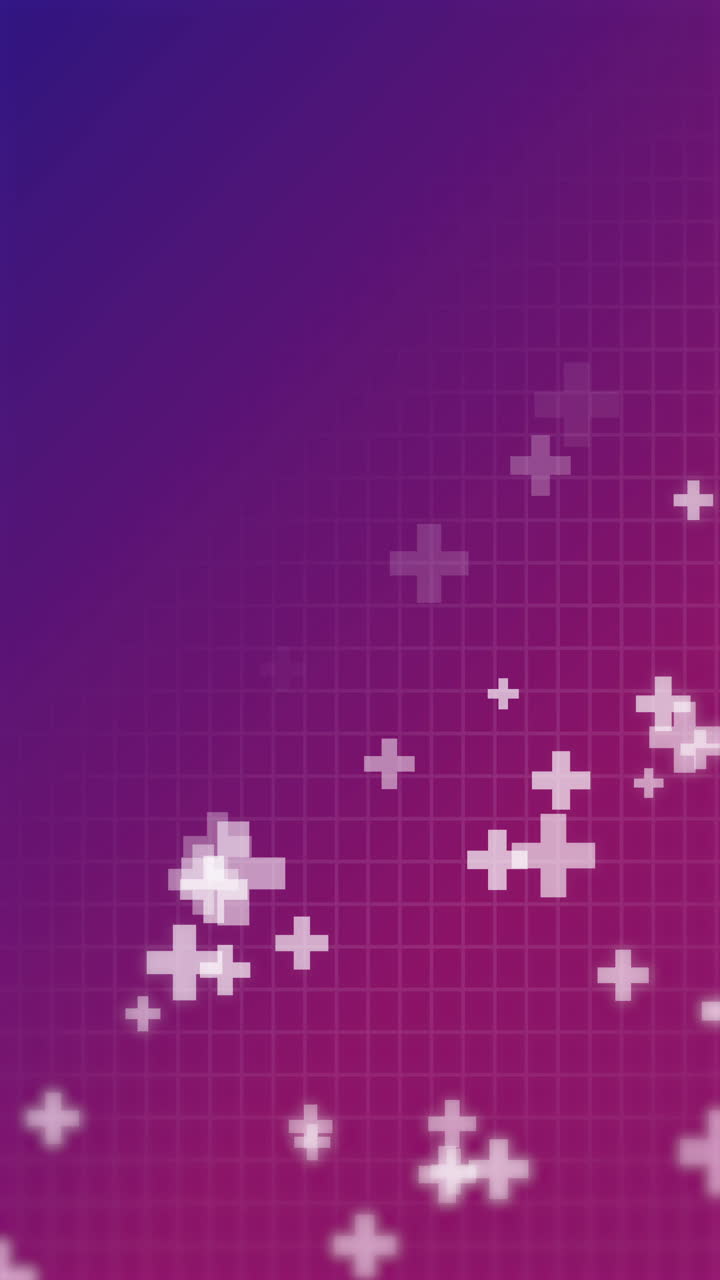 Animation of flying medical symbols crosses or pluses on purple background with grid. Copy space. Looped motion graphics. Vertical video.