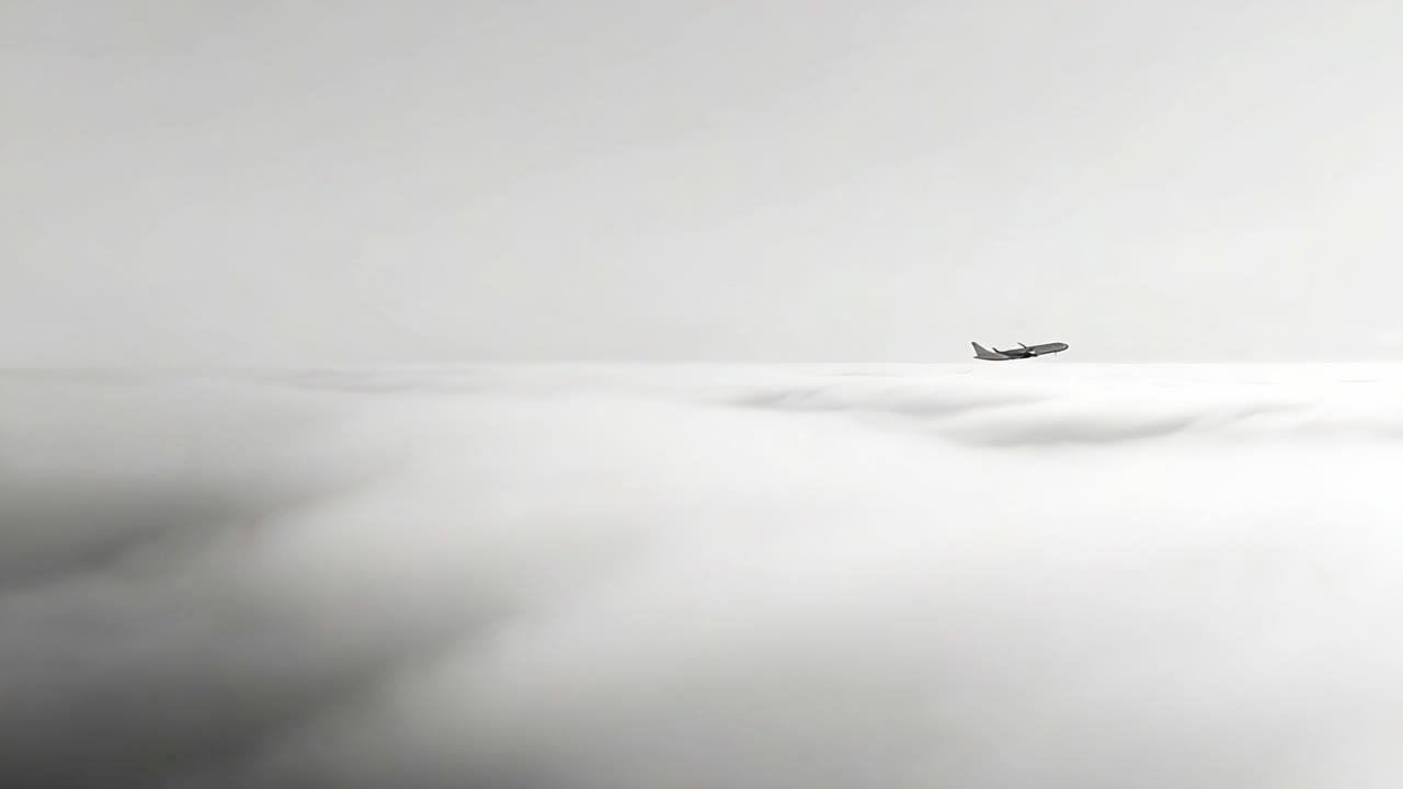 A solitary airplane ascends majestically through a blanket of ethereal clouds, showcasing the beauty of flight against a serene, muted backdrop that enhances the sense of adventure and freedom