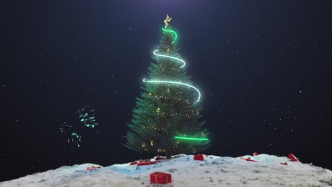 solo árbol de navidad fuegos artificiales fondo azul