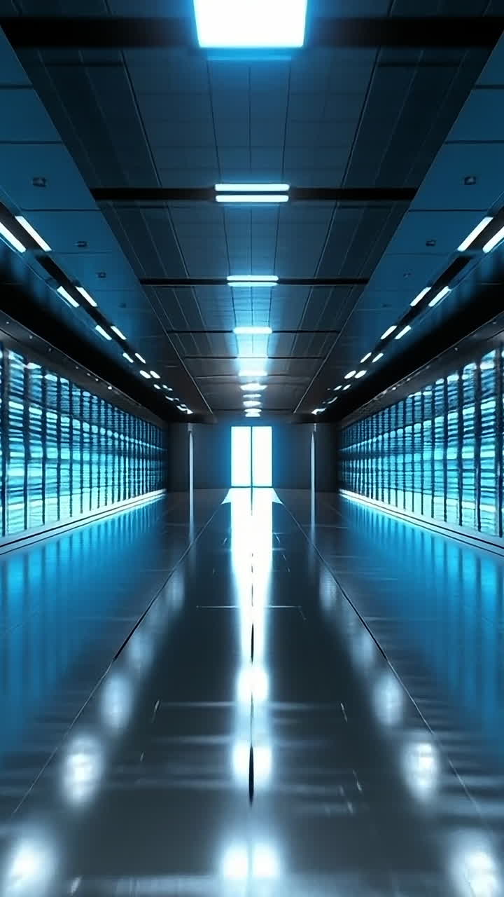 Lit servers in tech center. A modern data center showcases bright servers in a sleek corridor, highlighting advanced tech and design.