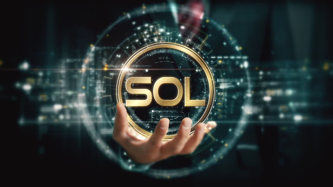 A visionary businessman extends his hand, unveiling a vibrant futuristic holographic display showcasing global crypto trading, business analytics, stock exchanges, and market trends : Solana, SOL