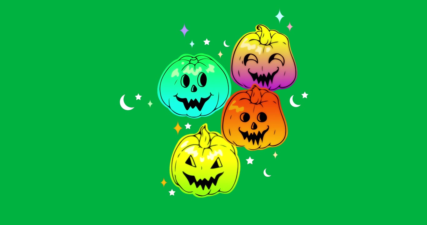 Designer che utilizzano jack-o'-lantern al neon che fluttuano su sfondo trasparente per il marketing di Halloween.