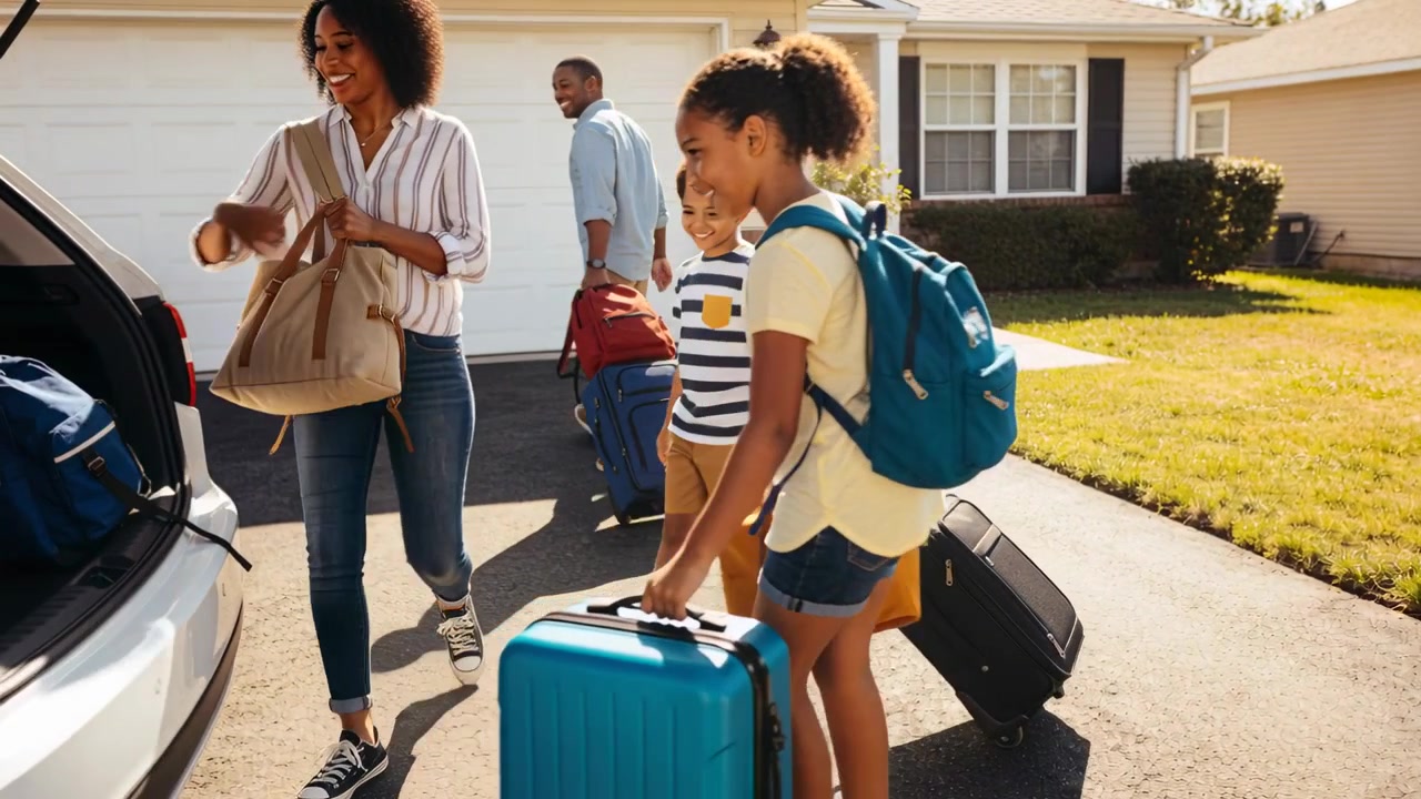 Trunk opening family loading luggage at driveway, placing teal suitcase, preparing to depart