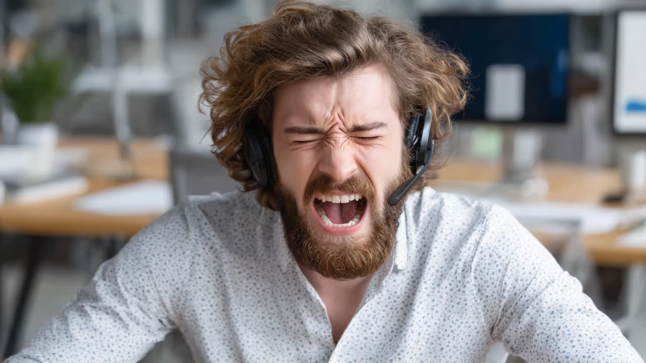 Frustrated Man with Headset Expresses Anguish Amid Office Chaos and Communication Barriers, Highlighting Emotional Strain in Workplace Environments