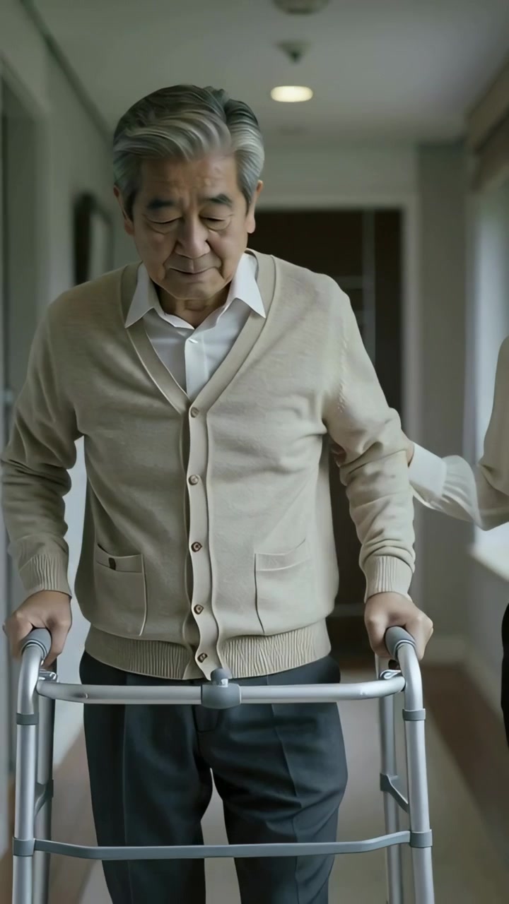 Vertical video: Steadying carer guiding senior Asian man in cardigan walking hallway with walker