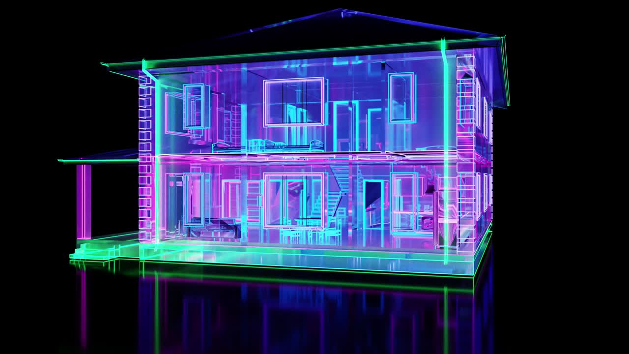 추상적인 유리 2층 건물과 네온 조명