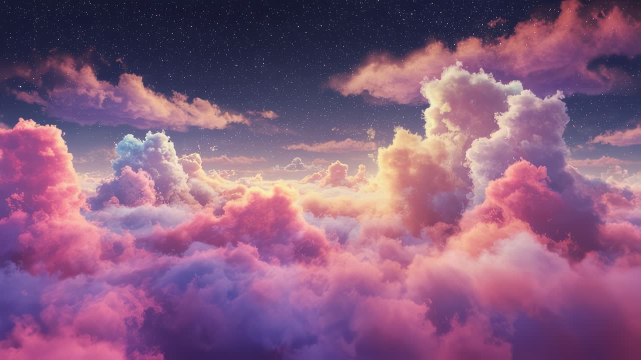 A stunning display of vibrant colors fills the sky as the sun sets, casting shades of pink, orange, and purple across fluffy clouds. The scene invites viewers to marvel at the beauty of nature, showcasing the peaceful transition from day to night. Soft wisps of clouds float gently amidst a starry ba
