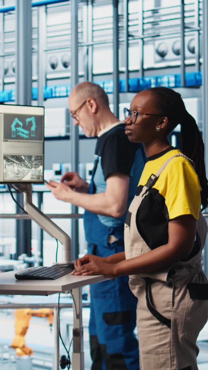 Vertical video Photovoltaics smart factory engineering team diagnosing damaged IoT sensors