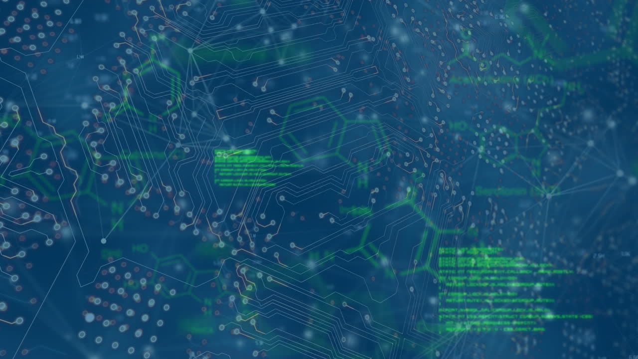 Animation of microprocessor connections, chemical structures and data processing on blue background