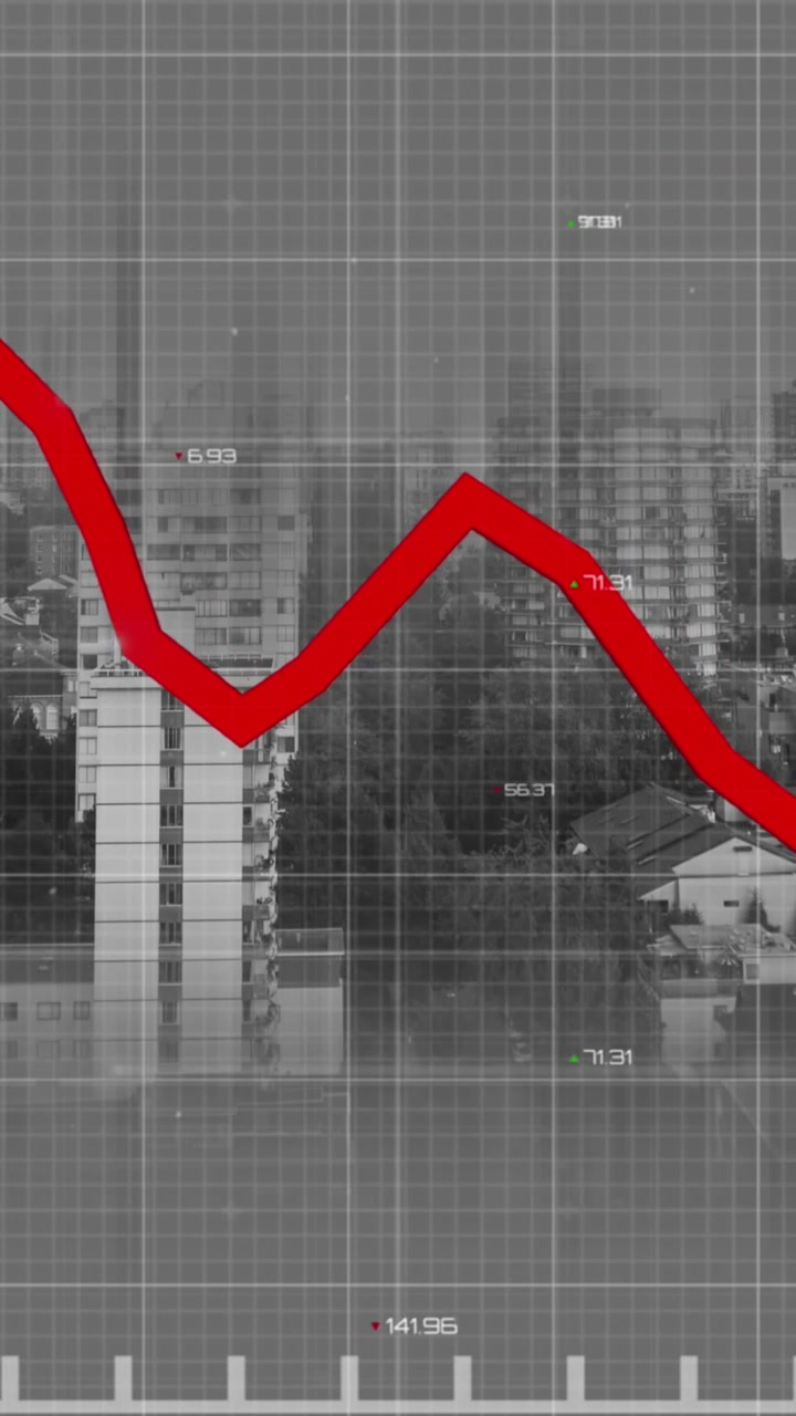 Animazione di elaborazione dati statistici su una rete a griglia, sullo sfondo di una vista aerea di un paesaggio urbano