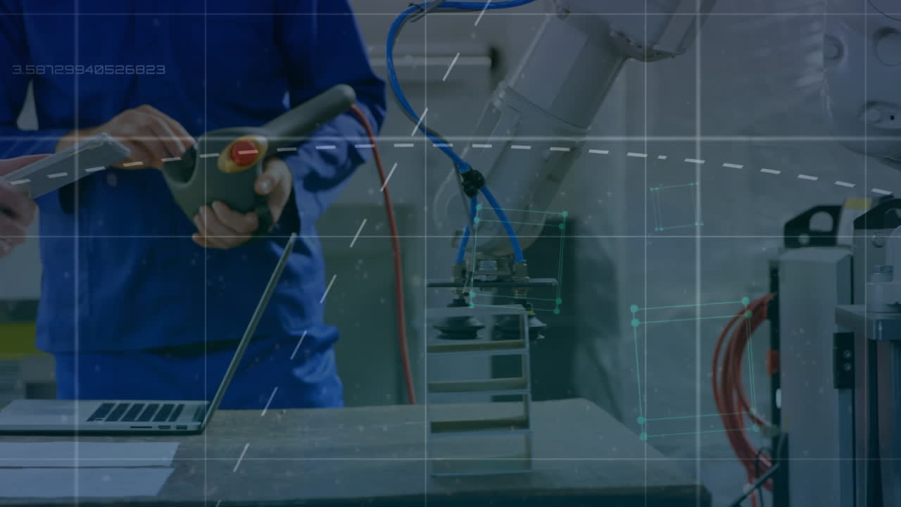 선의 애니메이션, 큐브를 형성하는 연결된 점, 장비를 사용하는 백인 동료의 중간 섹션