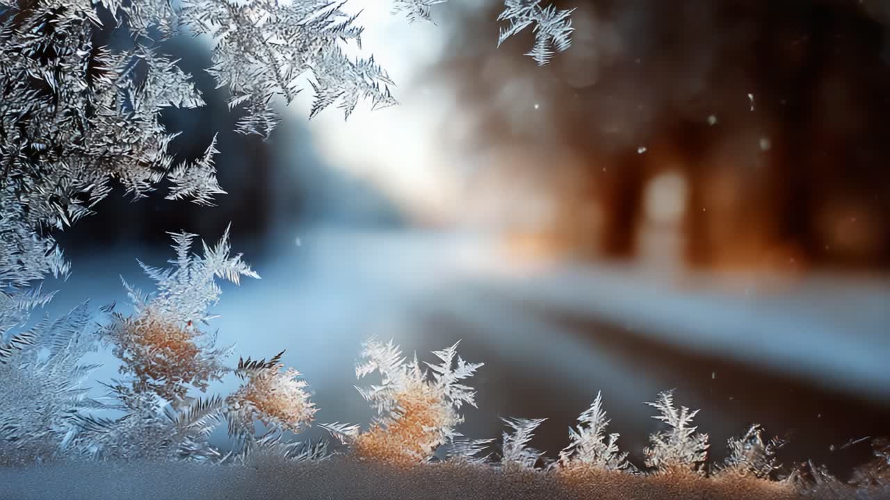 Captivating Winter Wonderland: Beautiful Frosted Leaves Framing a Softly Blurred Snowy Landscape, Exuding a Serene and Magical Atmosphere, Perfect for Seasonal Inspiration and Nature Lovers