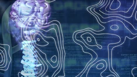 animación digital de la topografía en una tableta digital contra el procesamiento de datos en fondo azul