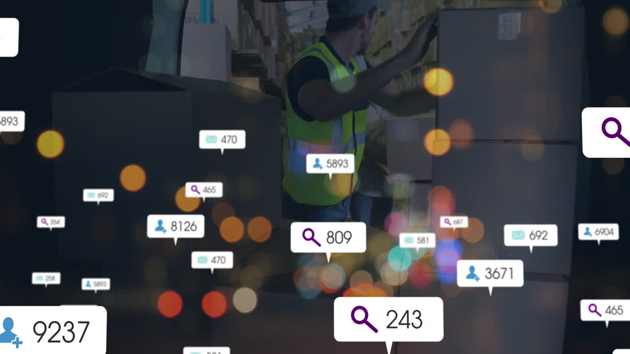 Animation of social media icons against caucasian delivery man stacking boxes in his delivery van