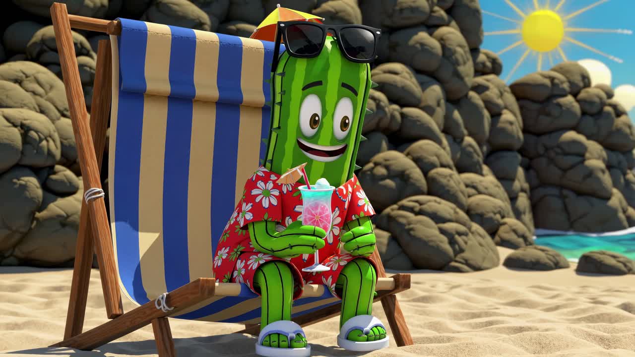 cactus de dibujos animados con gafas de sol, camisa de playa y zapatillas, sentado en una silla de playa, sosteniendo un cóctel colorido, disfrutando de vacaciones de verano en una playa tropical